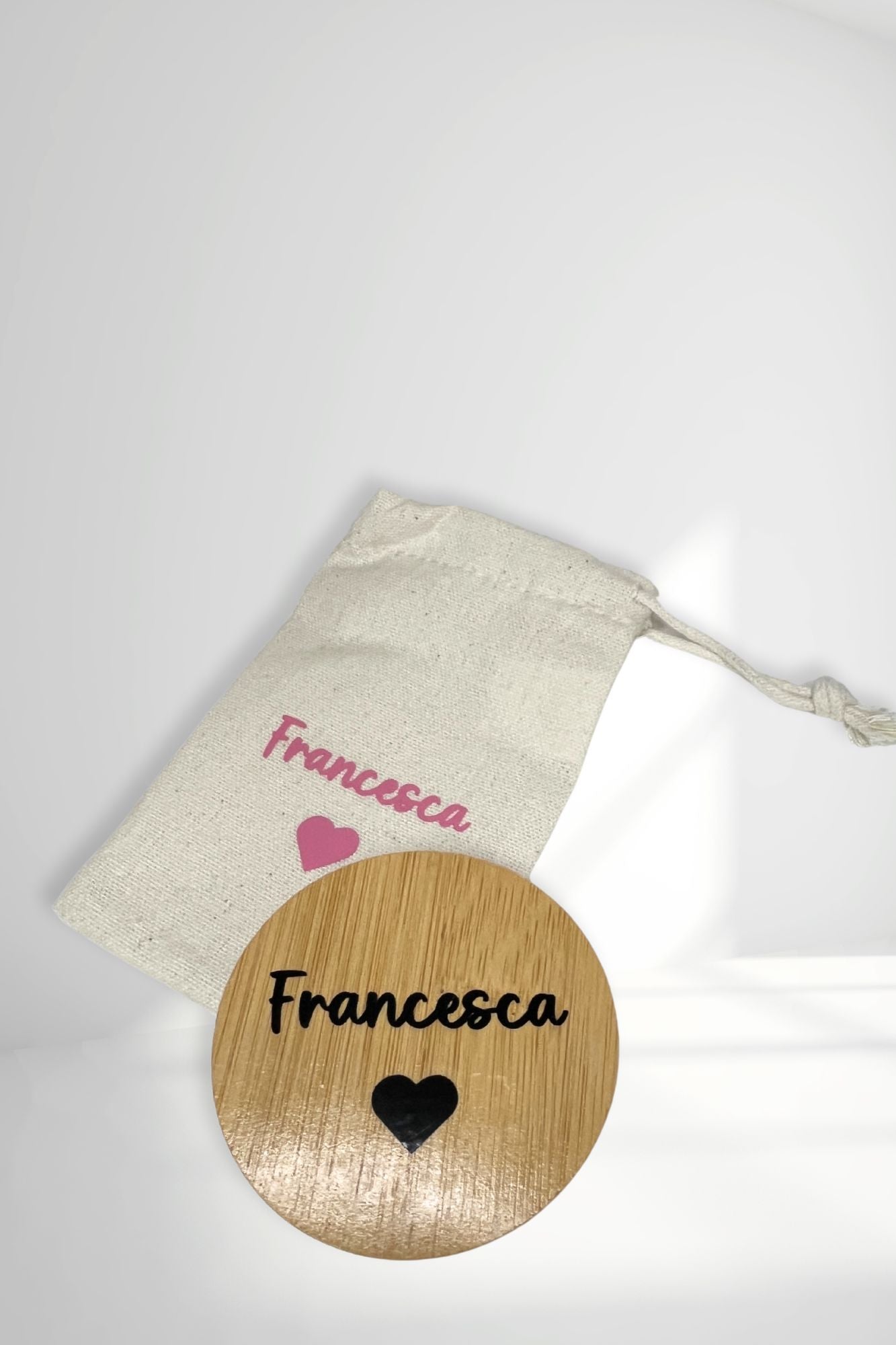 Specchietto in Bamboo Personalizzato con Nome + Sacchetto Coordinato